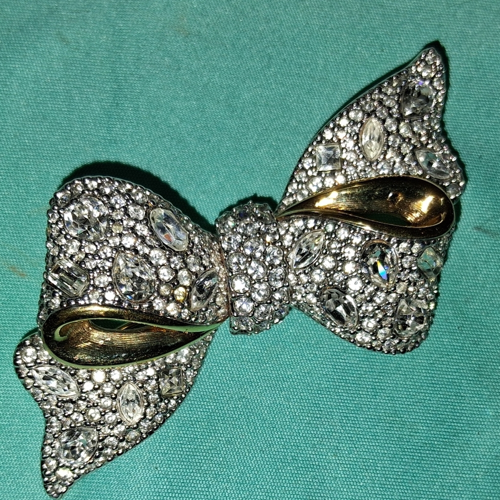 Elegant Silver and Gold Bow Brooch by Swarovski crystal